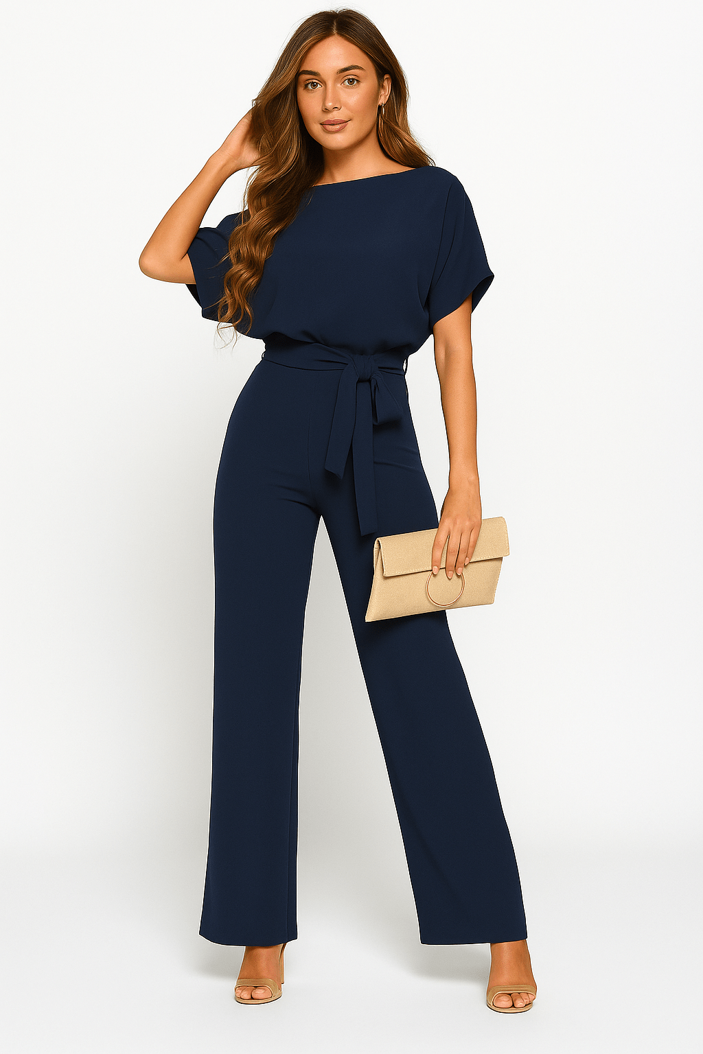 Women's Jumpsuit | Tie-Belt Wide-Leg, Short Sleeve, Casual Elegance 3
