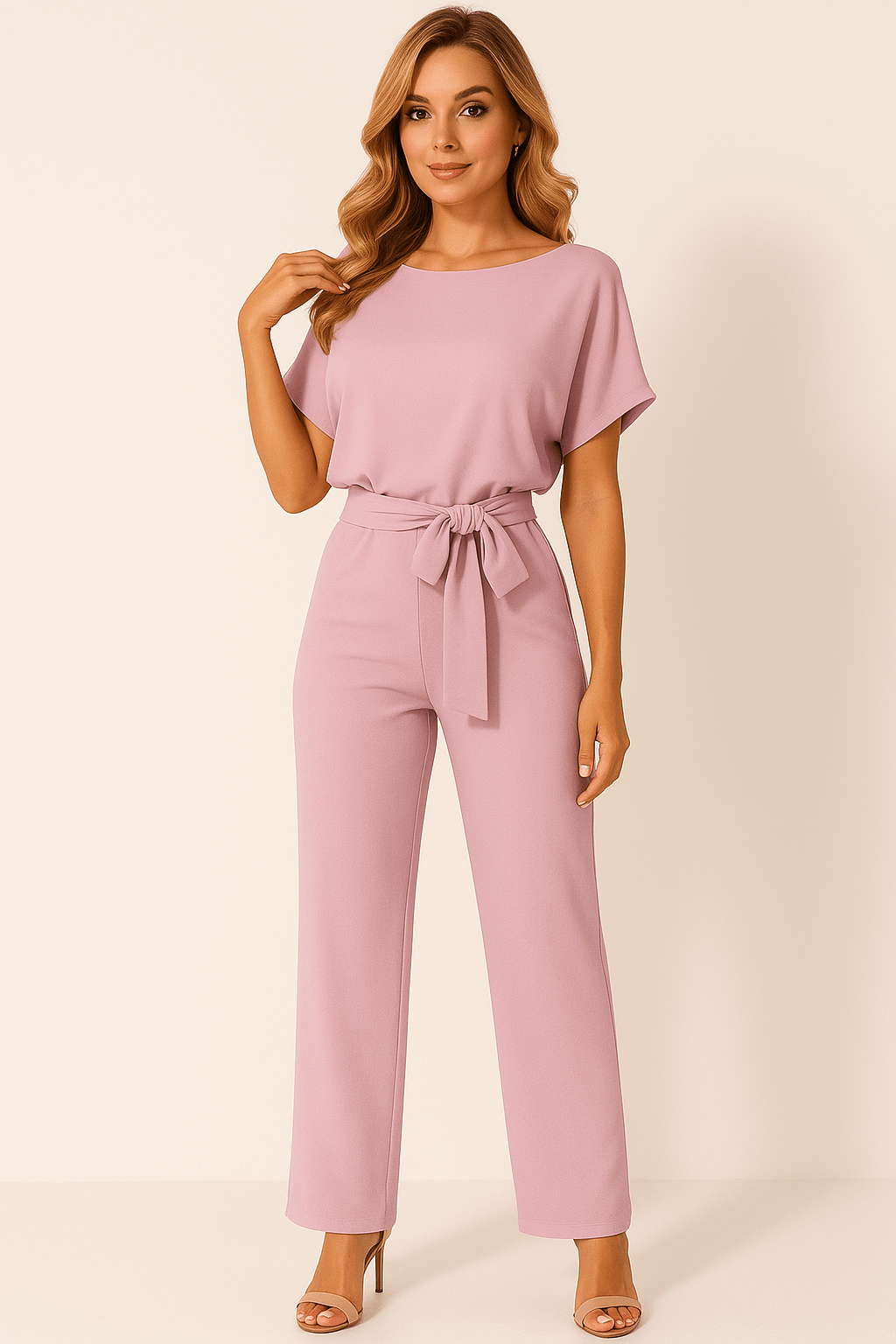 Women's Jumpsuit | Tie-Belt Wide-Leg, Short Sleeve, Casual Elegance 4