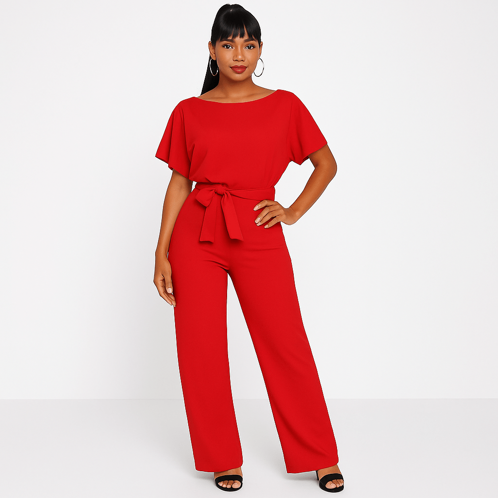 Women's Jumpsuit | Tie-Belt Wide-Leg, Short Sleeve, Casual Elegance 5