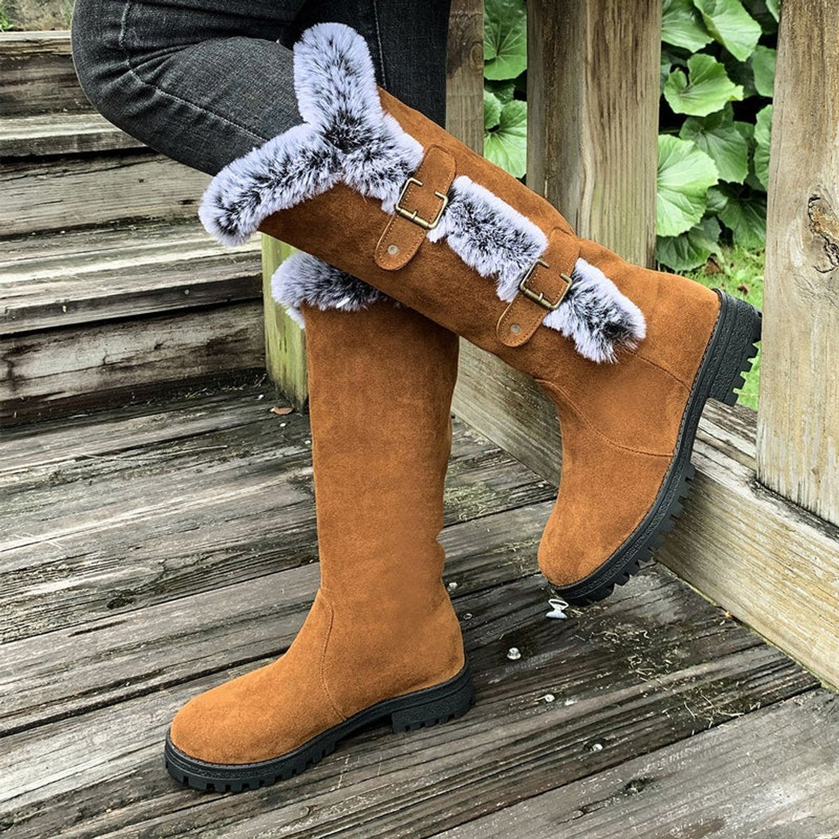 Women's Knee High Boots | Faux Suede, Plush Lining, Buckle Detail 4
