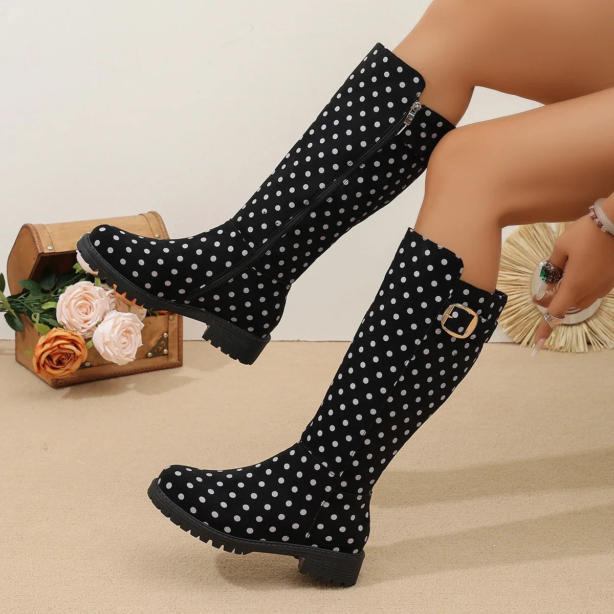 Women's Knee High Boots | Polka Dot Print, Buckle Detail, Side Zip 7