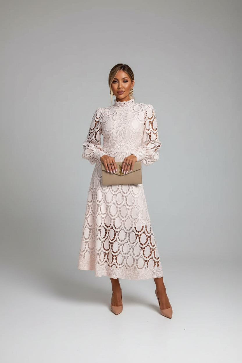 Women's Lace Summer Dress | Puff Sleeves, High Neck, Elegant 0