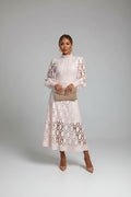 Women's Lace Summer Dress | Puff Sleeves, High Neck, Elegant 0