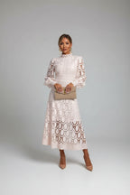 Women's Lace Summer Dress | Puff Sleeves, High Neck, Elegant 0