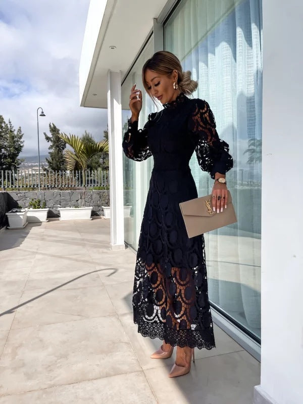 Women's Lace Summer Dress | Puff Sleeves, High Neck, Elegant 1