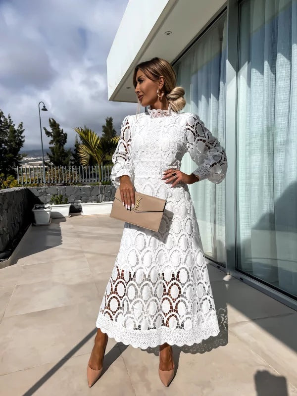 Women's Lace Summer Dress | Puff Sleeves, High Neck, Elegant 2
