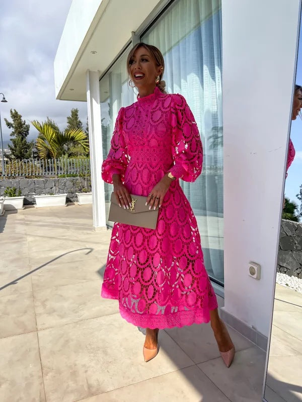 Women's Lace Summer Dress | Puff Sleeves, High Neck, Elegant 3