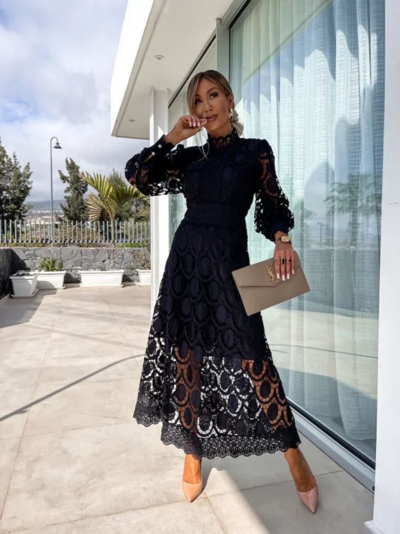 Women's Lace Summer Dress | Puff Sleeves, High Neck, Elegant 5