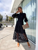 Women's Lace Summer Dress | Puff Sleeves, High Neck, Elegant 5