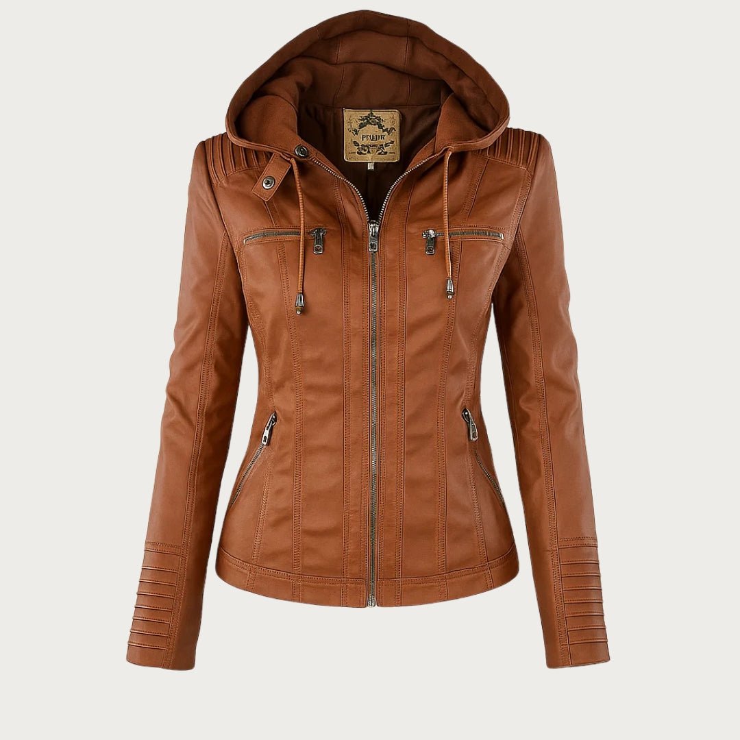Women's Leather Biker Jacket | Removable Hood, Fitted Silhouette, Zip Detail 0