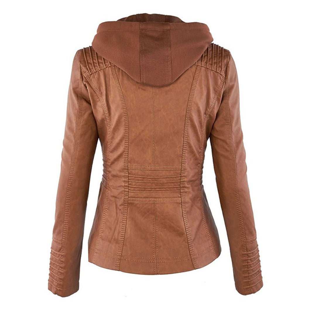 Women's Leather Biker Jacket | Removable Hood, Fitted Silhouette, Zip Detail 1