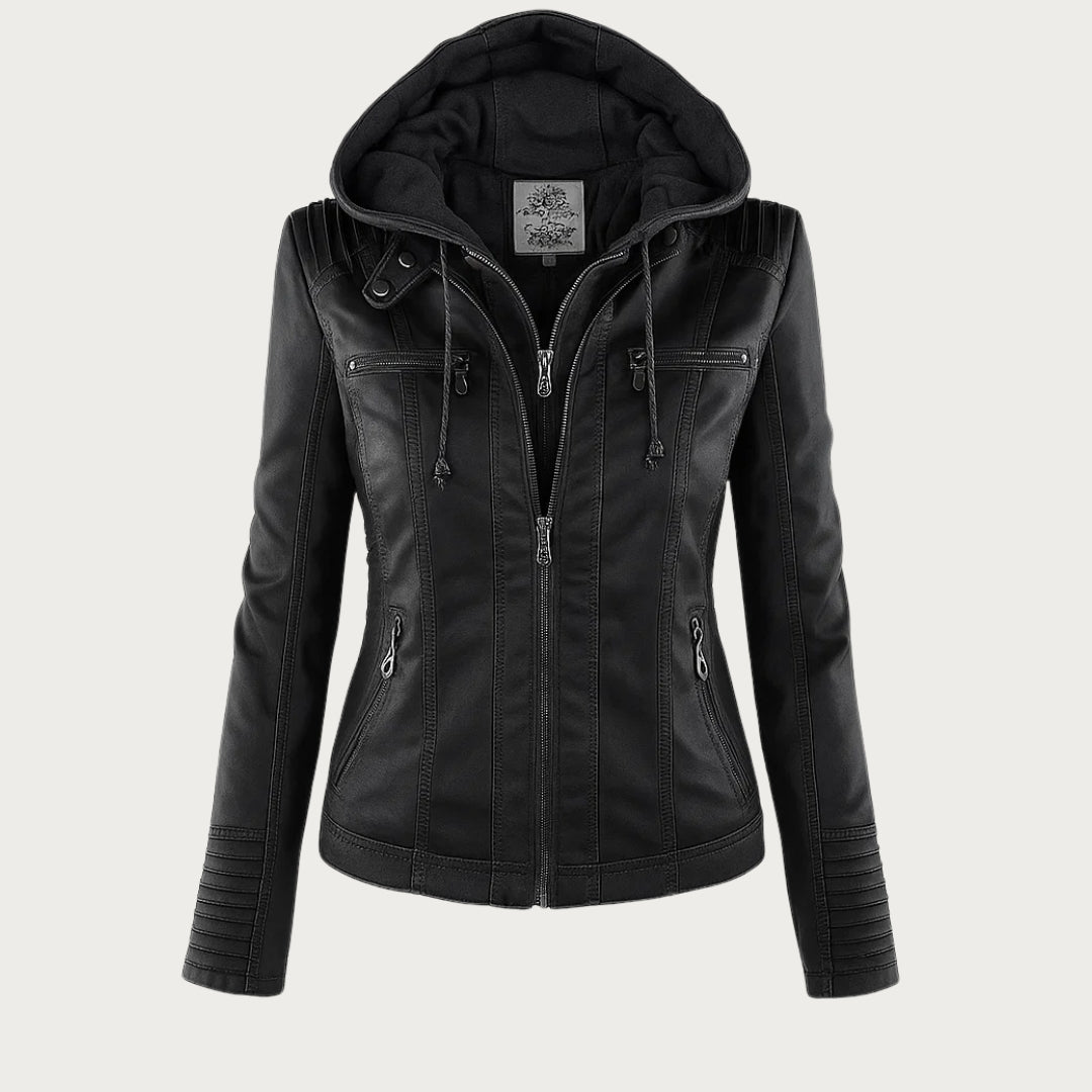 Women's Leather Biker Jacket | Removable Hood, Fitted Silhouette, Zip Detail 2