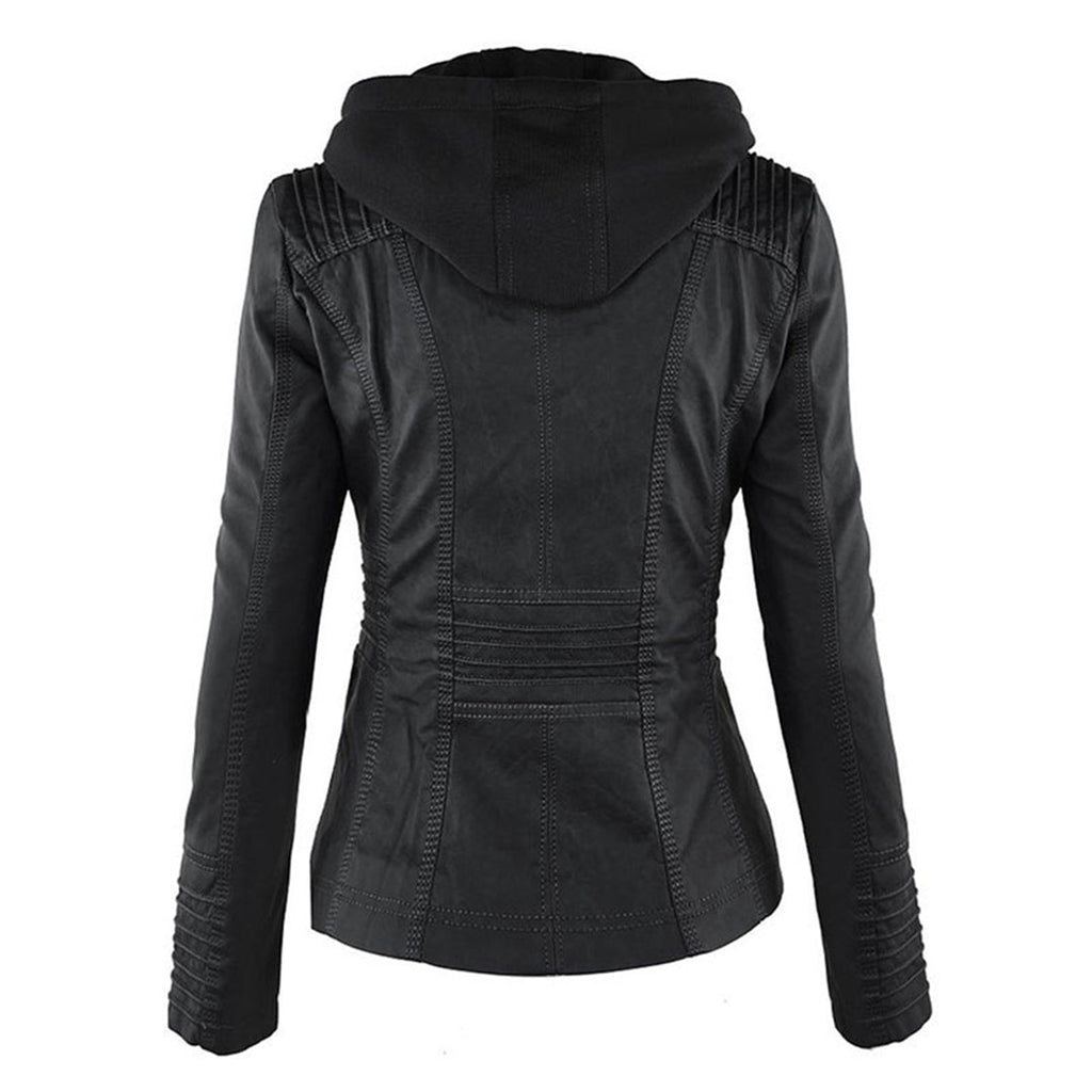 Women's Leather Biker Jacket | Removable Hood, Fitted Silhouette, Zip Detail 3