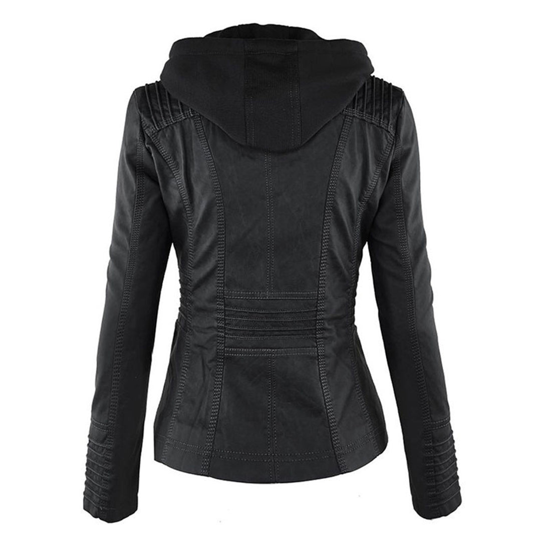 Women's Leather Biker Jacket | Removable Hood, Fitted Silhouette, Zip Detail 3