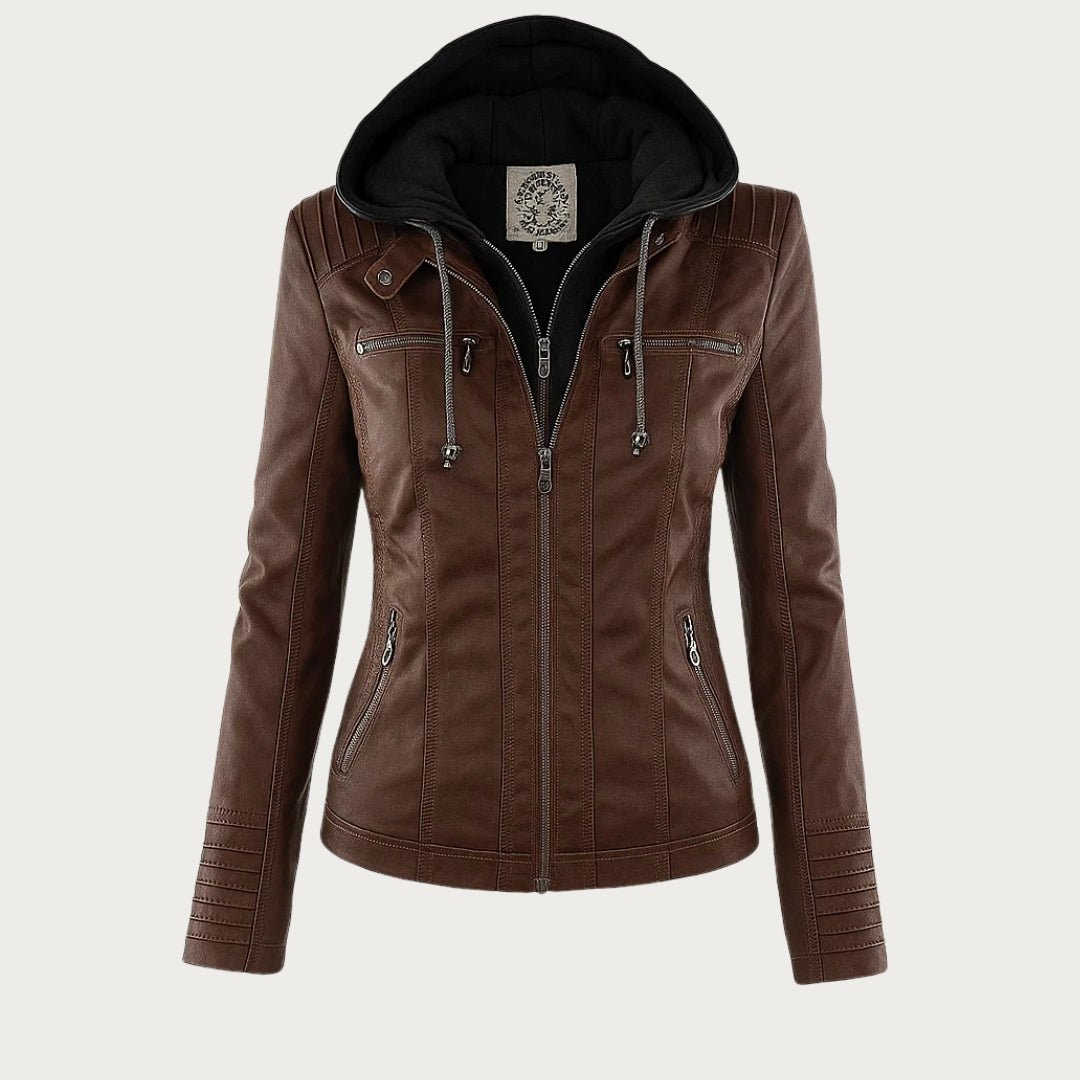 Women's Leather Biker Jacket | Removable Hood, Fitted Silhouette, Zip Detail 4
