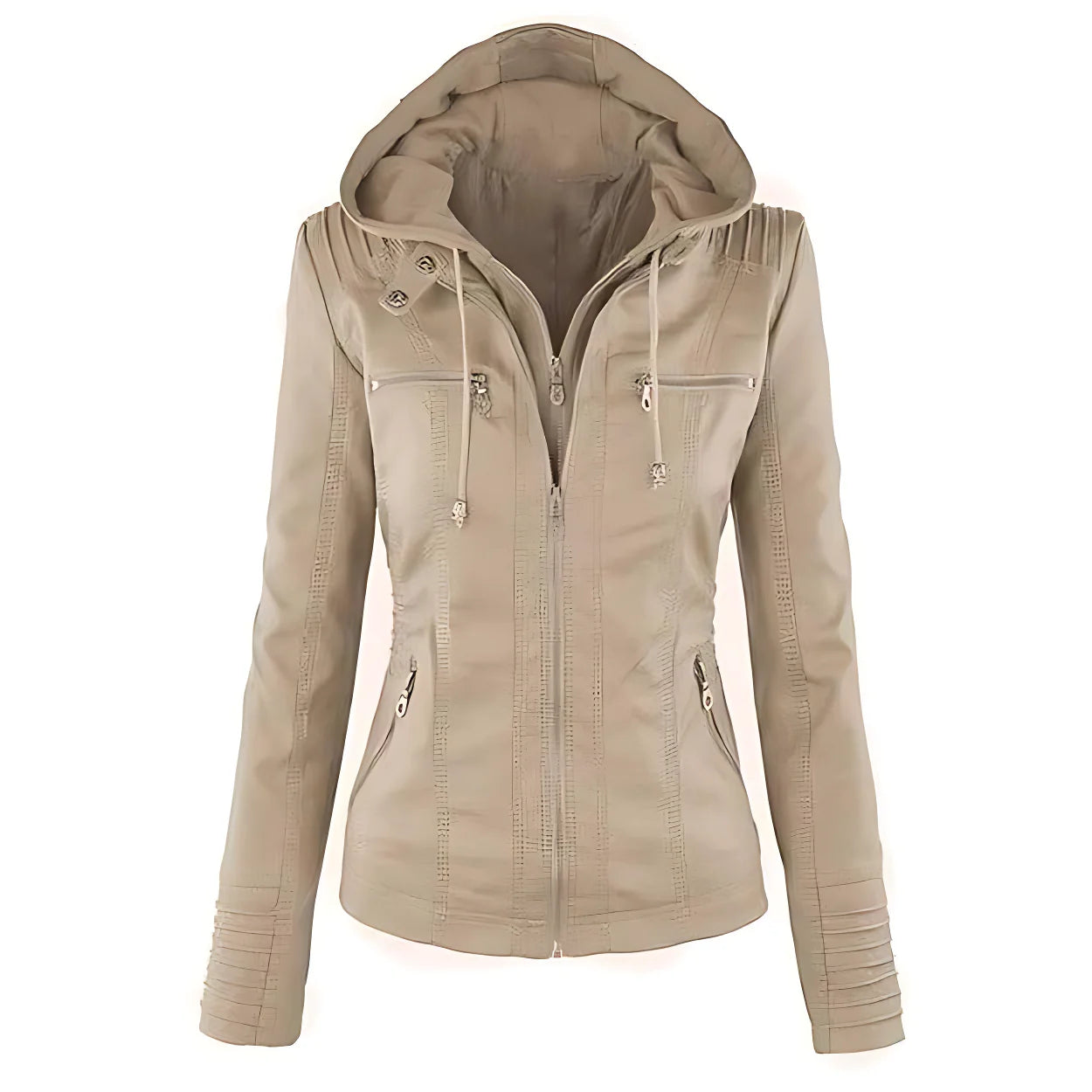 Women's Leather Biker Jacket | Removable Hood, Fitted Silhouette, Zip Detail 5