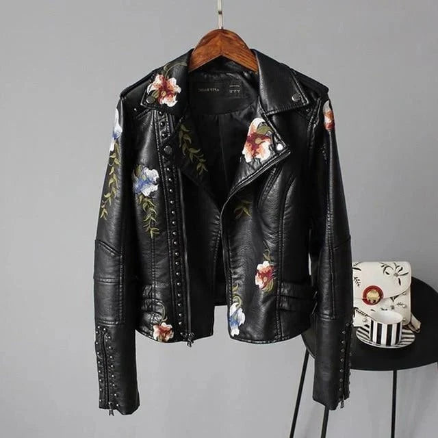 Women's Leather Jacket | Cropped Fit, Floral Embroidery, Stud Details 0