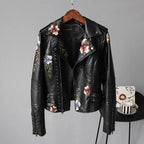 Women's Leather Jacket | Cropped Fit, Floral Embroidery, Stud Details 0