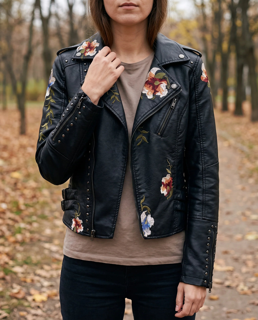 Women's Leather Jacket | Cropped Fit, Floral Embroidery, Stud Details 1