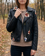 Women's Leather Jacket | Cropped Fit, Floral Embroidery, Stud Details 1