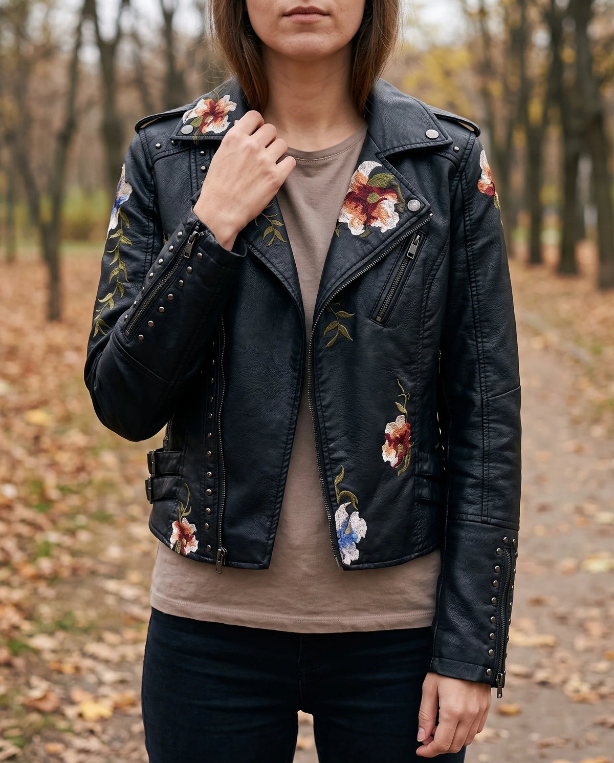 Women's Leather Jacket | Cropped Fit, Floral Embroidery, Stud Details 1