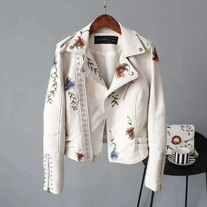 Women's Leather Jacket | Cropped Fit, Floral Embroidery, Stud Details 2