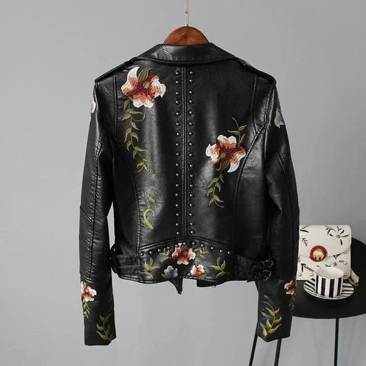 Women's Leather Jacket | Cropped Fit, Floral Embroidery, Stud Details 4