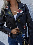 Women's Leather Jacket | Cropped Fit, Floral Embroidery, Stud Details 5