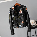 Women's Leather Jacket | Cropped Fit, Floral Embroidery, Stud Details 6