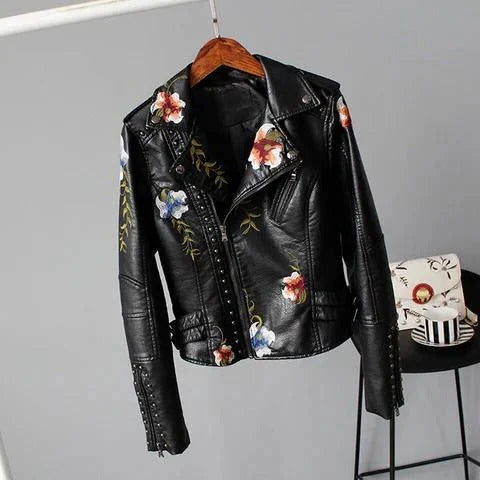 Women's Leather Jacket | Cropped Fit, Floral Embroidery, Stud Details 6