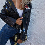 Women's Leather Jacket | Cropped Fit, Floral Embroidery, Stud Details 7