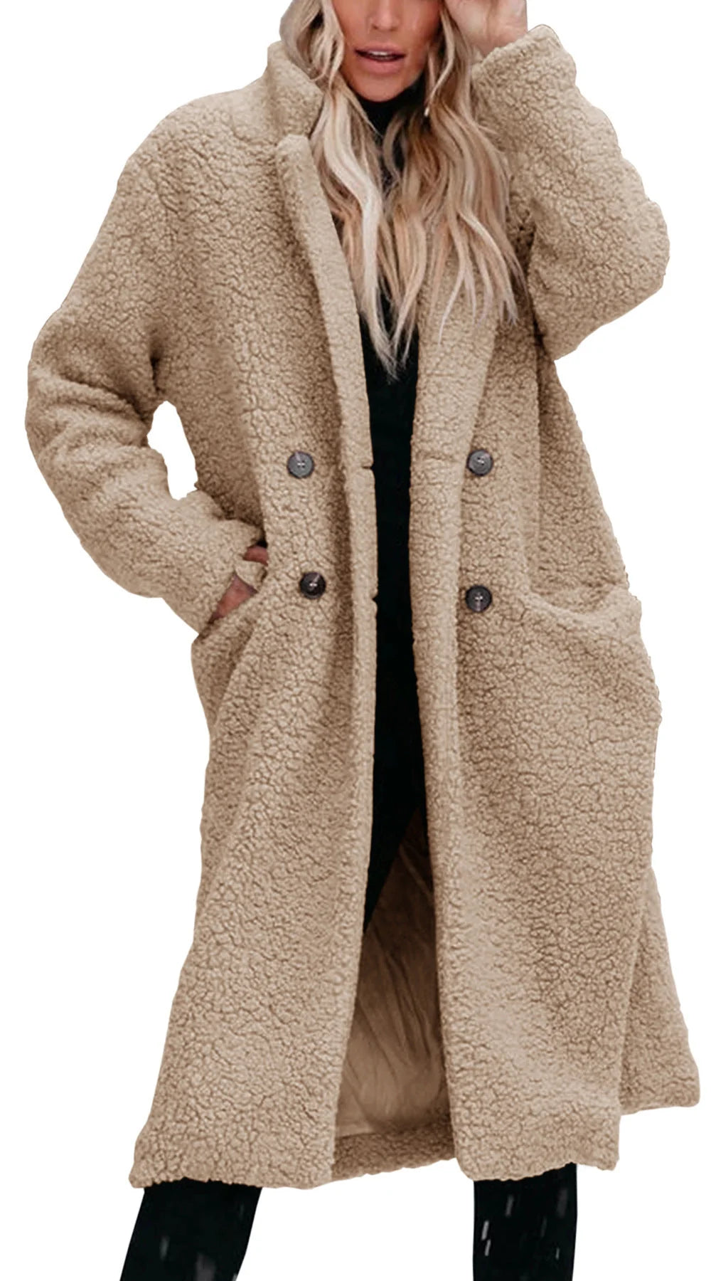 Women's Long Teddy Coat | Soft Texture, Button Front, Relaxed Fit, Knee-Length 3