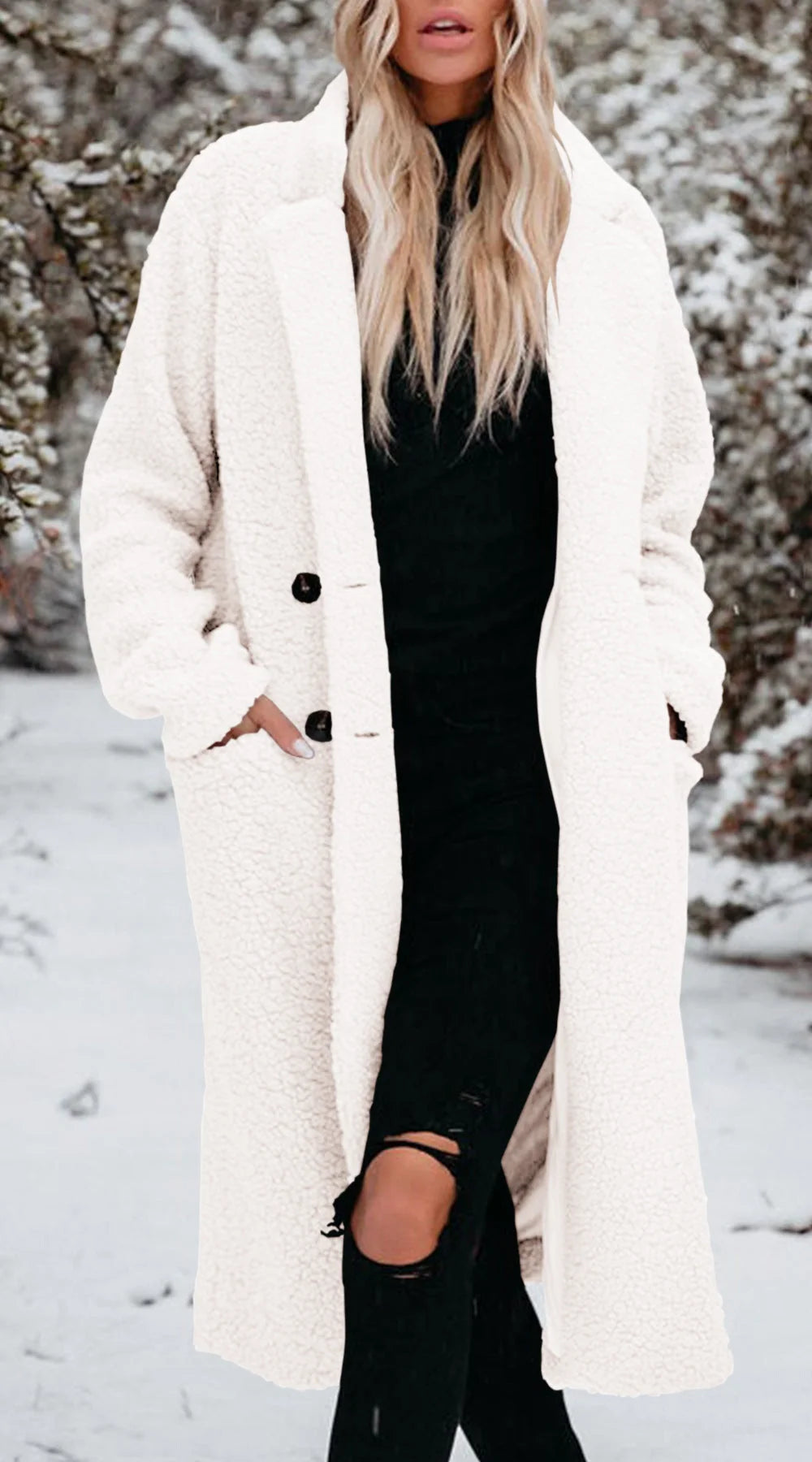 Women's Long Teddy Coat | Soft Texture, Button Front, Relaxed Fit, Knee-Length 4