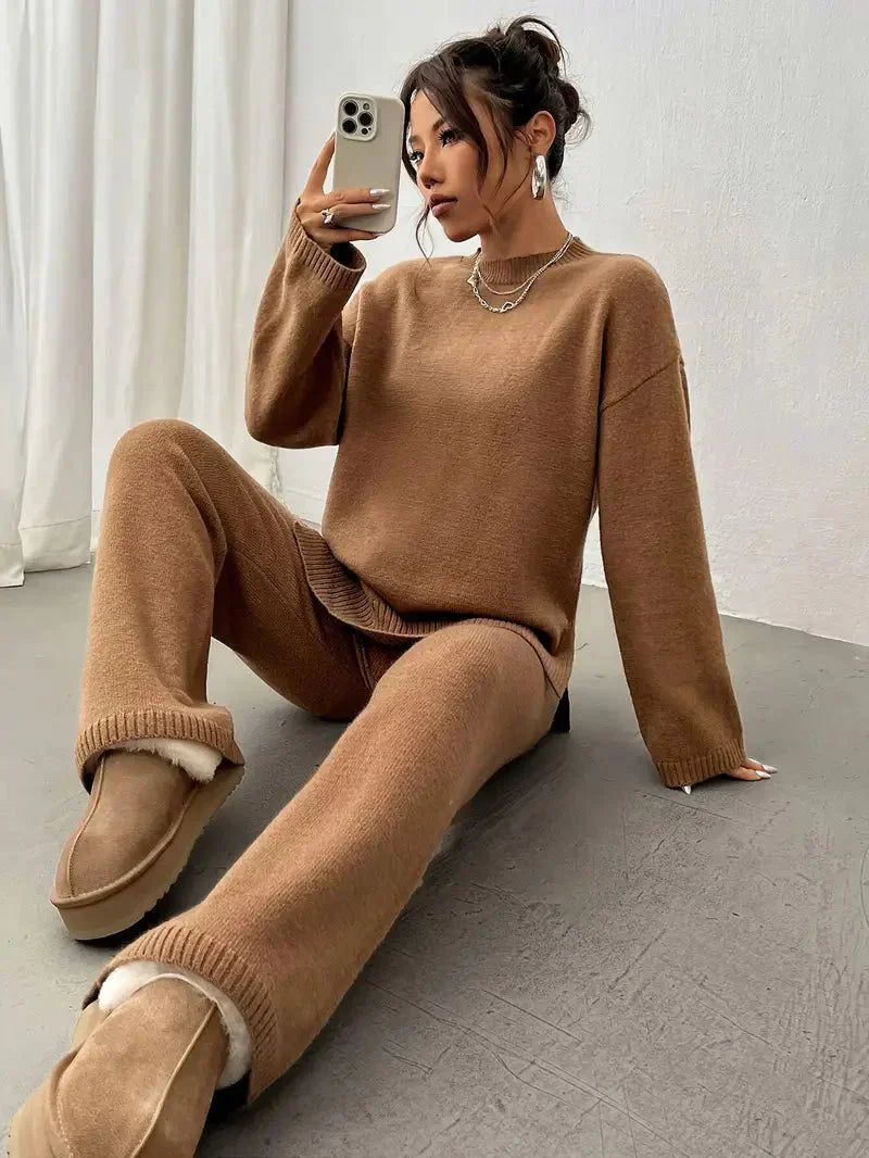 Women's Loungewear Set | Knitted Mock Neck Jumper and Wide-Leg Trousers 8