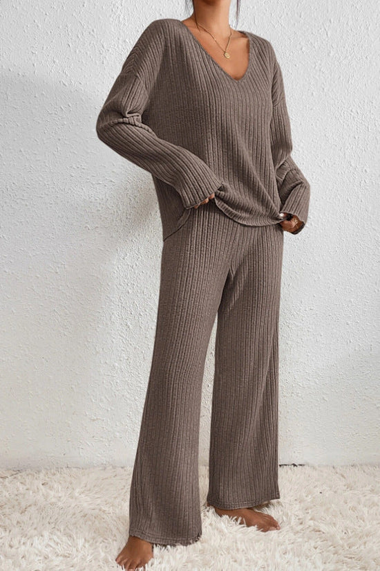 Women's Loungewear Set | Ribbed Knit V-Neck Top & Wide Leg Trousers 1