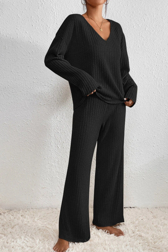 Women's Loungewear Set | Ribbed Knit V-Neck Top & Wide Leg Trousers 2