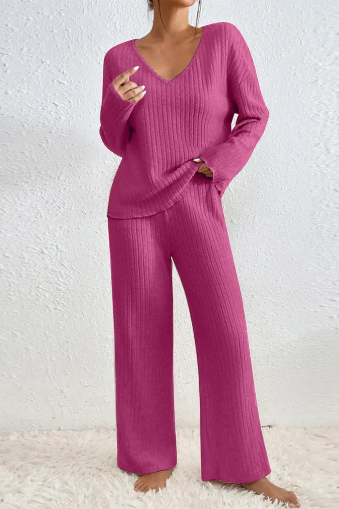 Women's Loungewear Set | Ribbed Knit V-Neck Top & Wide Leg Trousers 3