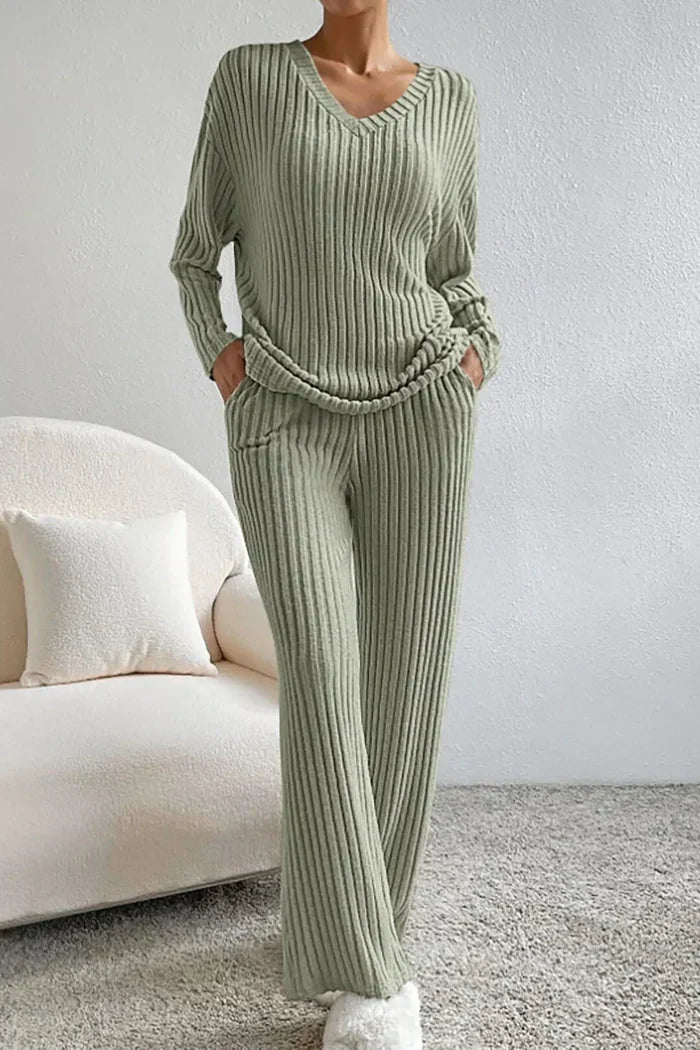 Women's Loungewear Set | Ribbed Knit V-Neck Top & Wide Leg Trousers 4