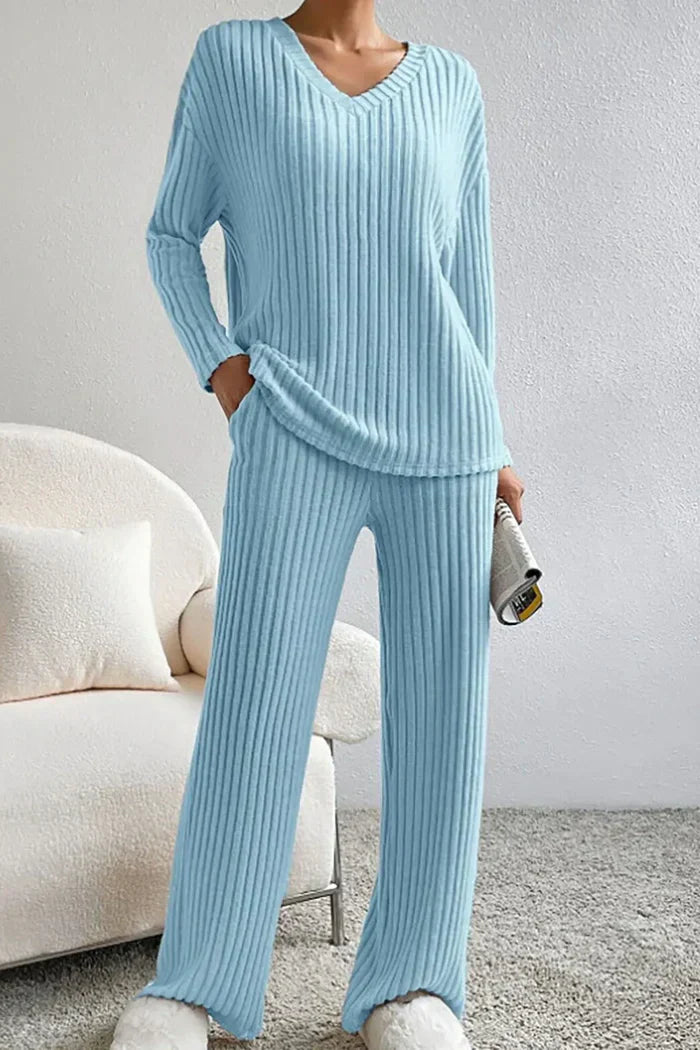 Women's Loungewear Set | Ribbed Knit V-Neck Top & Wide Leg Trousers 5