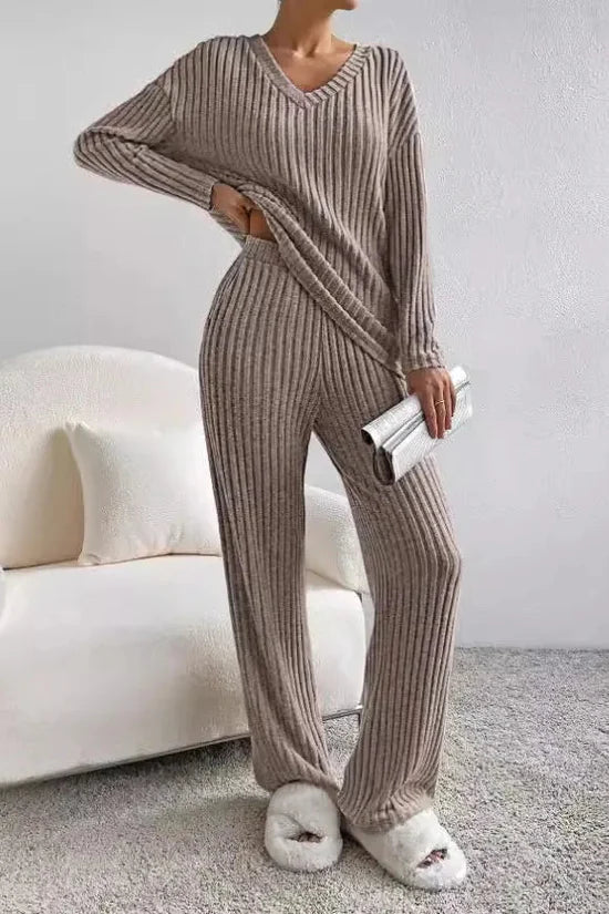 Women's Loungewear Set | Ribbed Knit V-Neck Top & Wide Leg Trousers 6