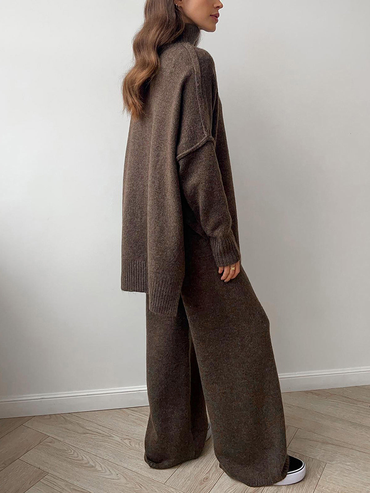 Women's Loungewear Set | Soft Knit Turtleneck Sweater and Loose Pants in Camel 10