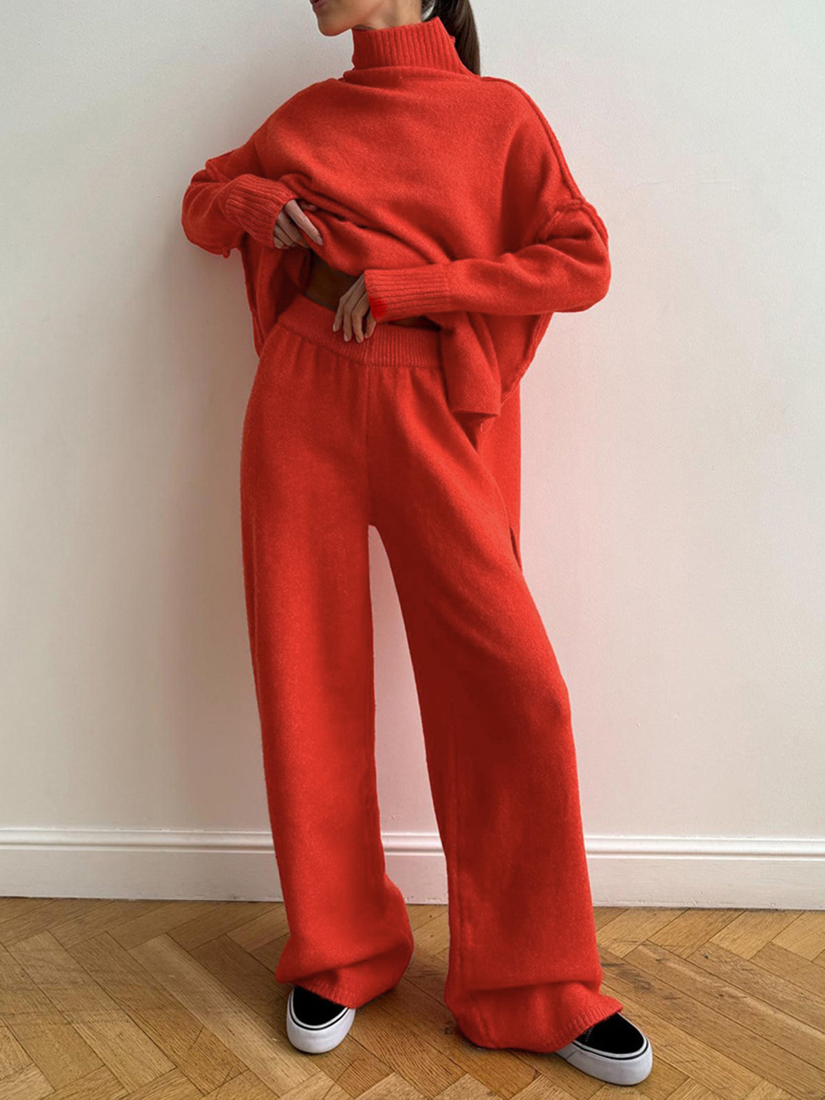 Women's Loungewear Set | Soft Knit Turtleneck Sweater and Loose Pants in Camel 8