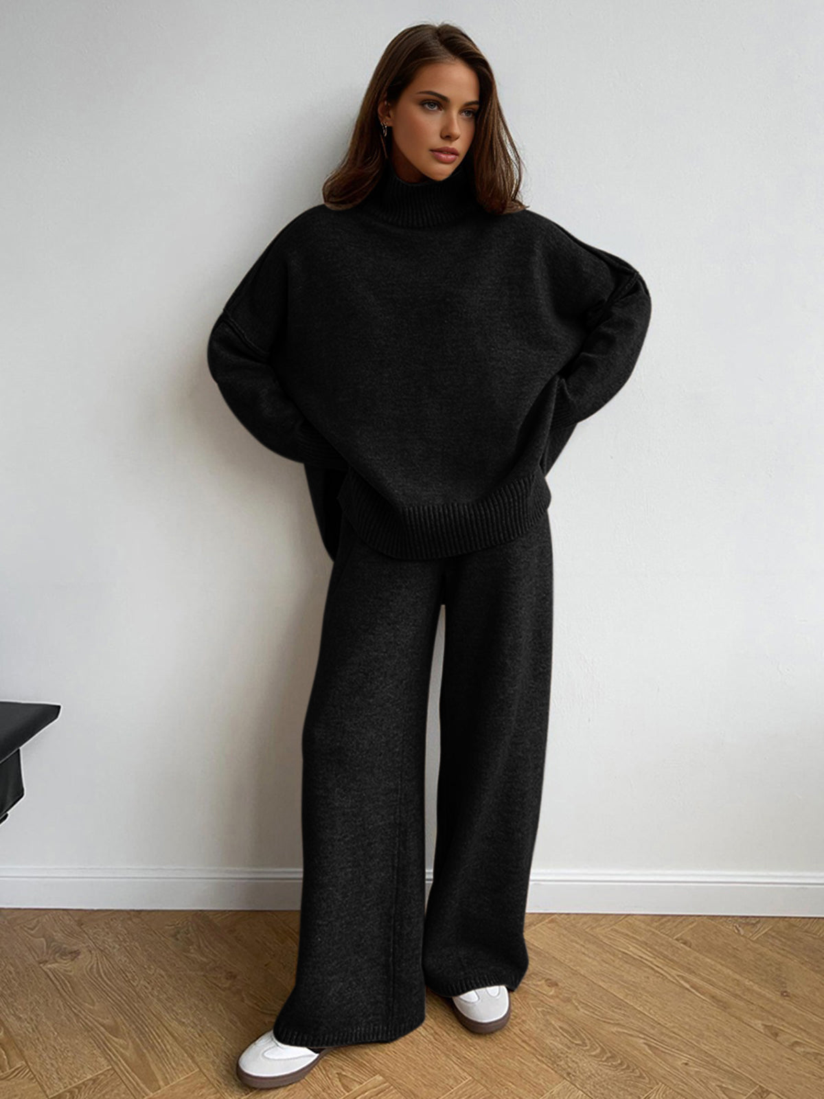 Women's Loungewear Set | Soft Knit Turtleneck Sweater and Loose Pants in Camel 9