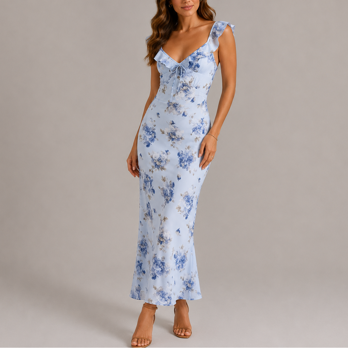 Women's Maxi Dress | Floral Print, Ruffle Straps, Tie-Front Detail 1