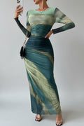 Women's Maxi Dress | Printed Long Sleeve Round Neck Bodycon 0