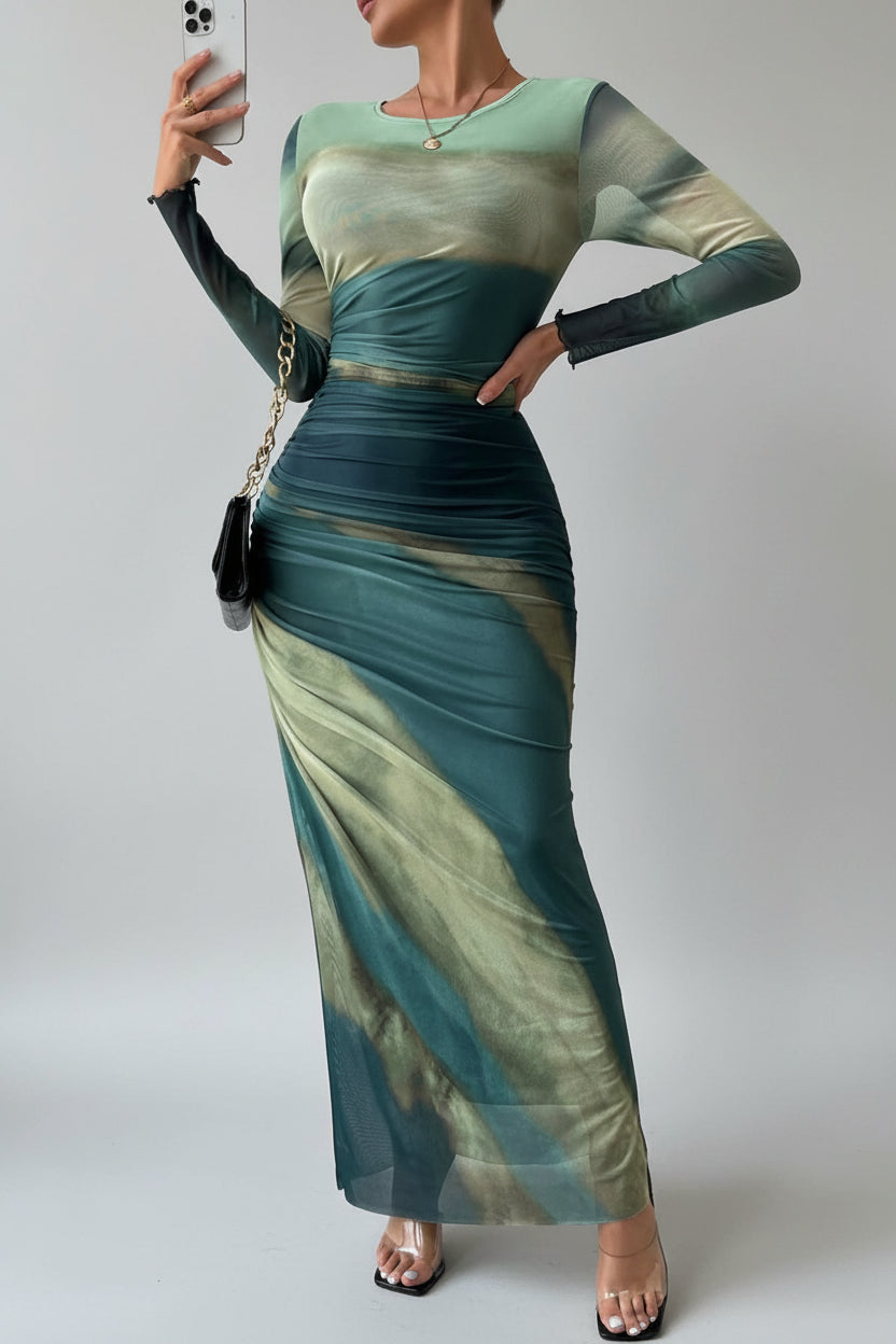Women's Maxi Dress | Printed Long Sleeve Round Neck Bodycon 0