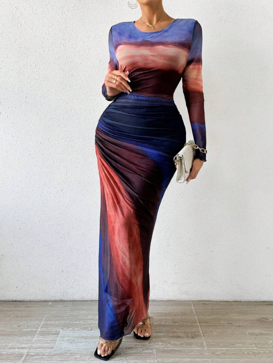 Women's Maxi Dress | Printed Long Sleeve Round Neck Bodycon 1