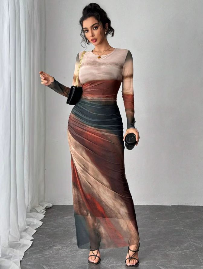 Women's Maxi Dress | Printed Long Sleeve Round Neck Bodycon 10