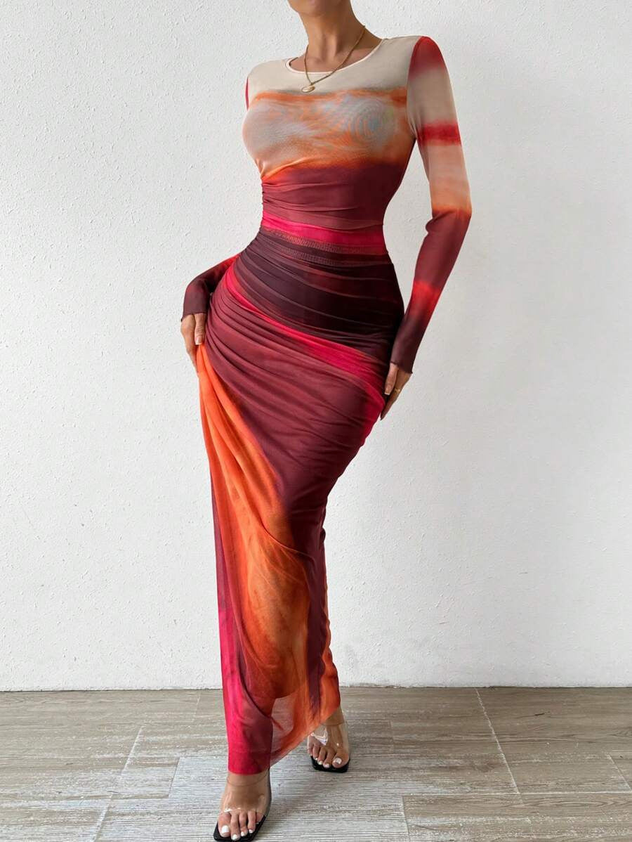Women's Maxi Dress | Printed Long Sleeve Round Neck Bodycon 2