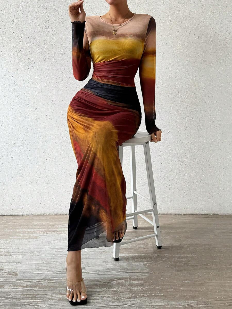 Women's Maxi Dress | Printed Long Sleeve Round Neck Bodycon 3